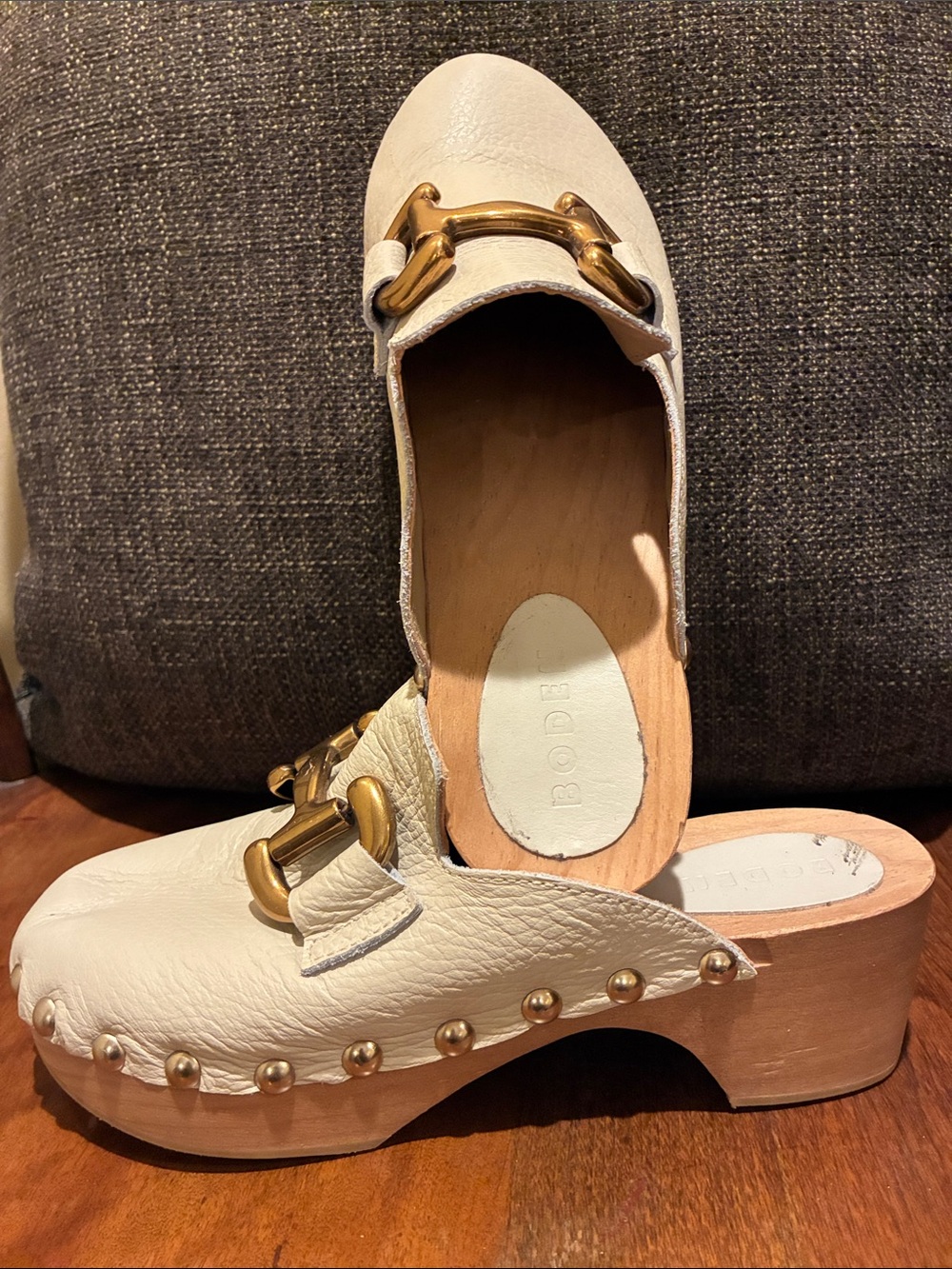 Boden Cream Leather Studded Clog Mule with Gold Buckle